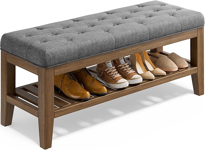 End of Bed Storage Bench, 42.9" Entryway Shoe Bench with Solid Wood Shelf, Upholstered Ottoman with Padded Seat for Bedroom, Hallway and Lining Room, Dark Gray