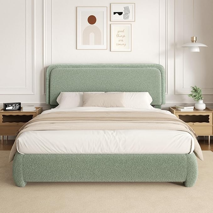 Queen Size Platform Bed Frame with Headboard, Boucle Upholstered Desige, Anti-Collision Corners, Soft Rounded Corners, No Box Spring Required, Easy Assembly, Noise Free