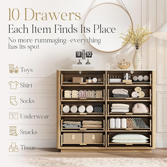Fluted Drawers Dresser for Bedroom with 10 Drawers, 42'' Wide Mid Century Dressers with Faux Marble Top & Metal Handle, Wooden Chest of Drawers TV Stand, Natural Wood Closet Storage Organizer,Oak