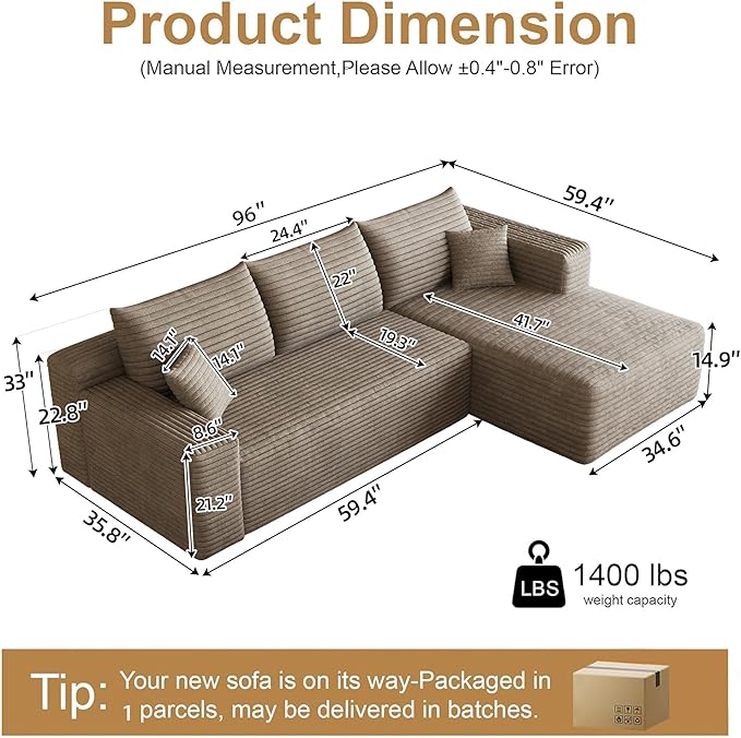 96" Sectional Couches for Living Room Modern Modular Sofa with L-Shape Couchs Upholstered Boneless Couch Deep Seat Sectional Couch with Chaise (Camel, 96" Right Facing Chaise+2Seaters)