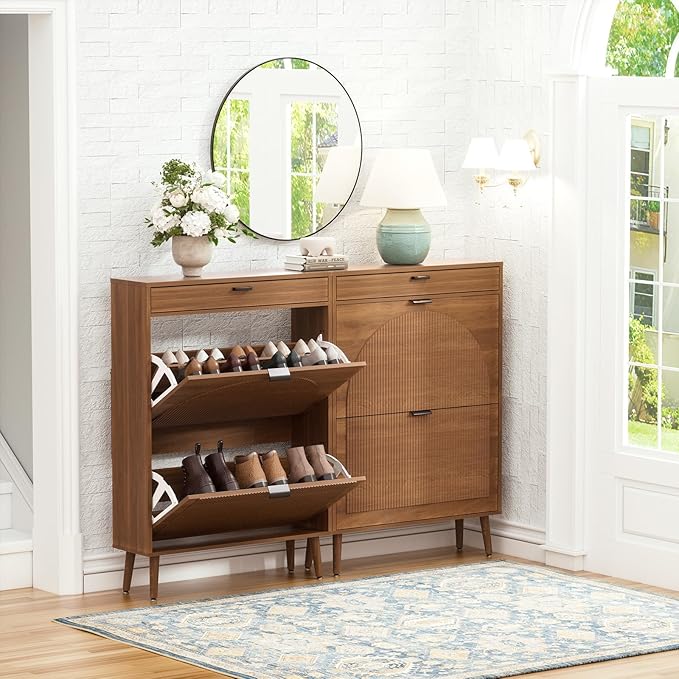 Yechen Shoe Storage Cabinet with 2 Flip Drawers& 1 Small Drawer, Slim Entryway Shoe Organizer with Fluted Wavy Doors for Hallway,Walnut