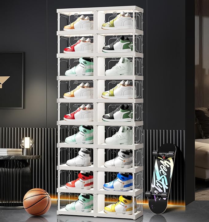 9-Tier 18-Pairs Foldable Shoe Rack with Magnetic Doors,4-Sided Clear Design,Taller Storage for High Shoes & Sneakers,Stackable Shoe Storage Cabinet Space-Saving Organizer for Closet,Cloakroom