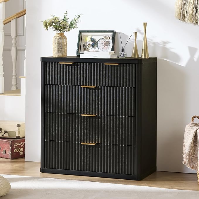 LEYAOYAO Fluted 5 Drawers Dresser for Bedroom Set of 2, 34" Tall Modern Chest of Drawers with Metal Handle, Curved Profile Design,Black Wood Drawer Organizer for Bedroom, Living Room, Hallway