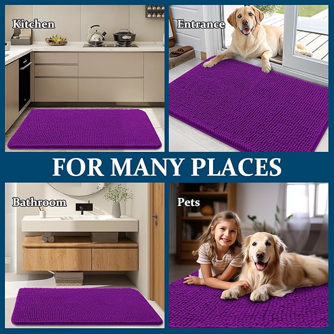 OLANLY Dog Door Mat for Muddy Paws 47x17, Absorbs Moisture and Dirt, Absorbent Non-Slip Washable Doormat, Quick Dry Chenille Mud Mat for Dogs, Entry Indoor Entryway Carpet for Inside Floor, Purple