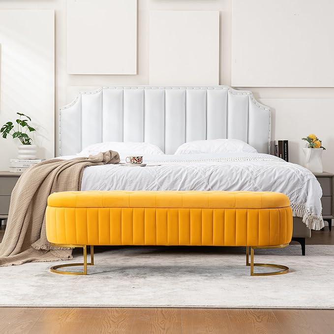 Velvet Storage Bench for Bedroom, Modern Tufted End of Bed Bench for King Size Bed, Upholstered Long Ottoman Bench with Gold Legs for Living Room/Entryway (Mustard Yellow, 55" W)
