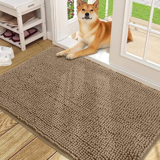 OLANLY Dog Door Mat for Muddy Paws 48x30, Absorbs Moisture and Dirt, Absorbent Non-Slip Washable Doormat, Quick Dry Chenille Mud Mat for Dogs, Entry Indoor Entryway Carpet for Inside Floor, Tan