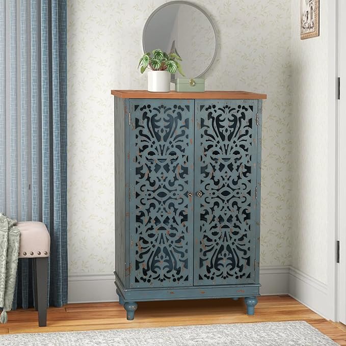 PHI VILLA Tall Accent Cabinet with Doors - Credenza for Living Room Farmhouse Storage Cabinet with Hollow Carved Door, 2 Door Accent Cabinets