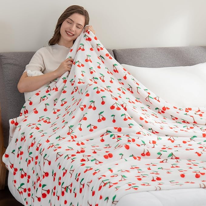 Berkshire Blanket-Classic Heavyweight Soft Printed VelvetLoft® Plush Warm Blanket, Twin Size Soft Fuzzy Blanket for Couch Sofa Bed, Cherries Toss White, 60in x 90in