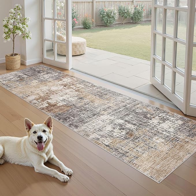 Washable Runner Rug for Hallway: 2x6 Neutral Modern Abstract Low Pile Area Rug with Non-Slip Backing - Carpet for Bedroom Kitchen Laundry Entryway Bathroom Indoor - Grey Brown