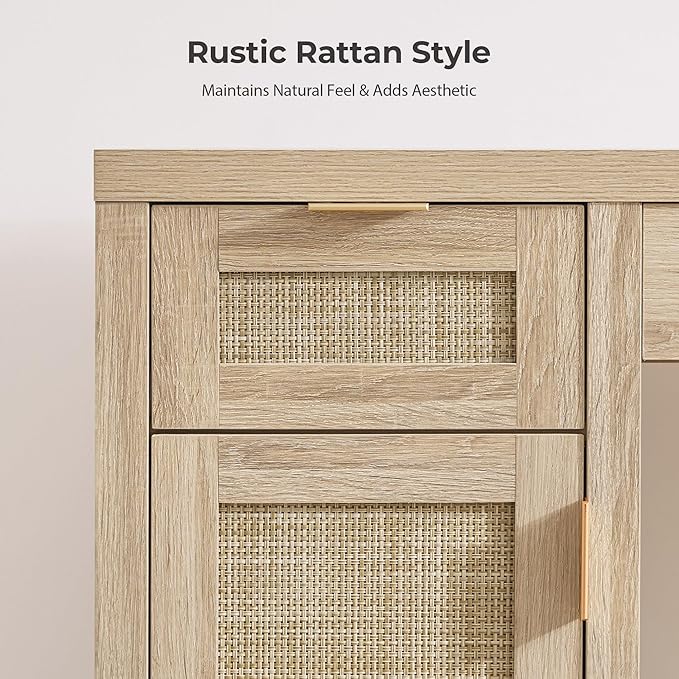 SICOTAS Rattan Vanity Home Office Desk - 52" Large Farmhouse Boho Makeup Vanity Dressing Table with 3 Drawers & 2 Storage Cabinets, Vanities Desk for Makeup Room, Bedroom, Home Office, Light Oak