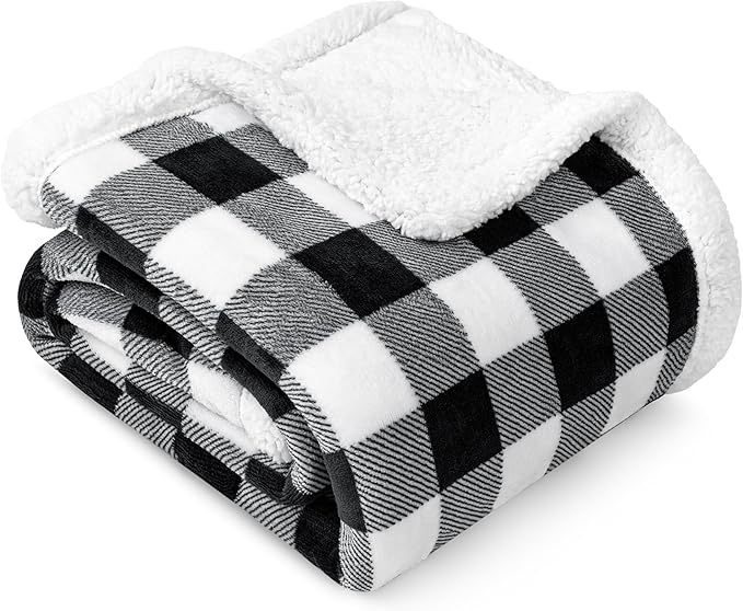 PAVILIA Black and White Buffalo Plaid Sherpa Throw Blanket for Couch, Plush Checkered Fleece Blanket and Throws, Soft Fuzzy Flannel Blanket for Sofa Bed, Warm Cozy Winter Blanket Gift, 50x60