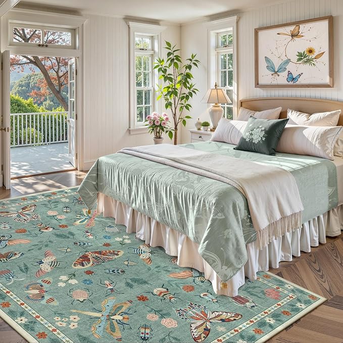Lahome Insect Washable Area Rugs 5x7, Soft Green Rug for Living Room Bedroom Ultra-Thin Non-Shedding, Modern Stain Resistant Throw Large Carpet for Dining Room Kids Nursery(5'x7',Green)