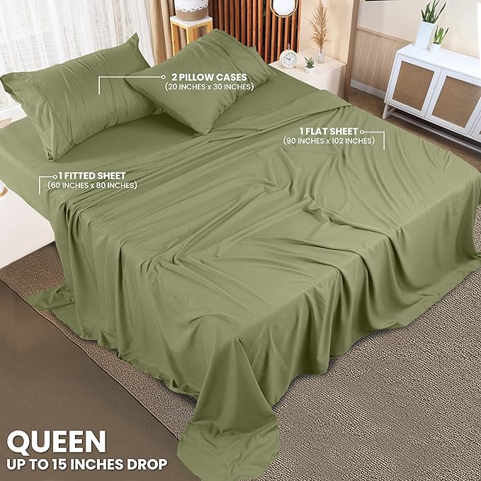 Utopia Bedding Queen Sheet Set – 4 Piece Bed Sheets for Queen Size Bed, Soft and Breathable Microfiber, Includes 1 Fitted Sheet, 1 Flat Sheet and 2 Pillowcases (Olive)