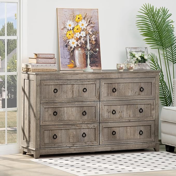Bedroom Dresser and Nightstand Sets 4 Piece, Farmhouse 6 Drawers Dresser & 40.5" Tall Chest of Drawers,18" Nightstands with Charging Station,54" Wide Furniture Dressers for Bedroom,Living Room