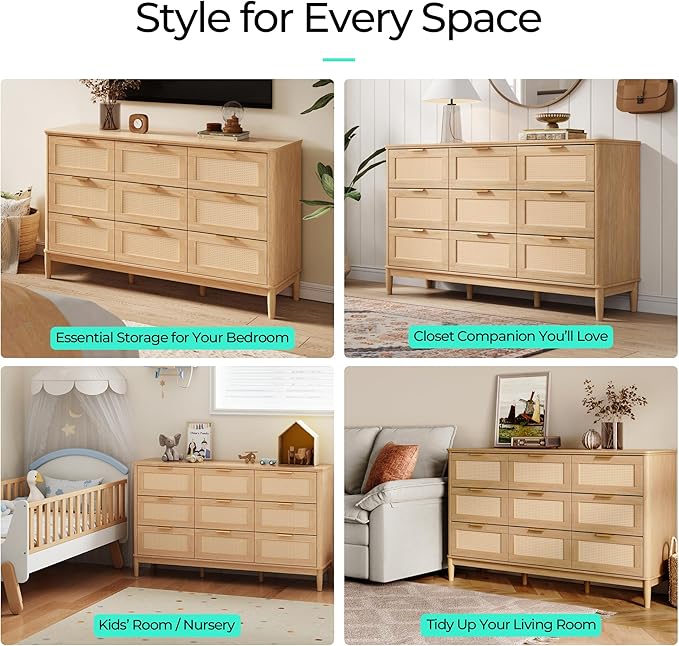 LINSY Rattan 9 Drawer Dresser for Bedroom, 58" Wide Mid-Century Modern Tall Chest of Drawers, Deep Storage Dresser with Curved Corner Design, Large Accent Wood Cabinet for Bedroom, Oak