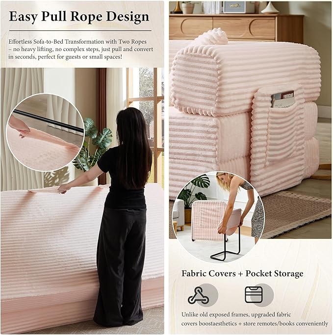 Boneless Couch Folding Couches for Living Room Sofa, Futon Sofa Bed with Sleeper Sofa, Futon Couch with Fixed-Shape Oversized Corduroy Upholstered (Pink, 81 Inches)