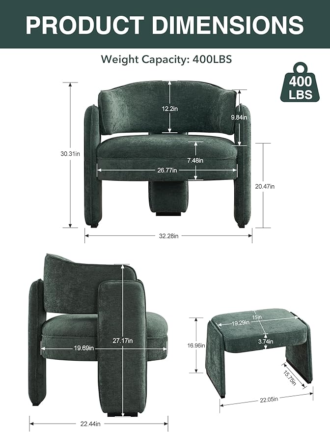 LOULENS Oversized Accent Chair with Ottoman, Modern Upholstered Barrel Chair with Footrest, Comfy Round Armchair for Living Room, Bedroom, Reading Room & Corner (1, Green)
