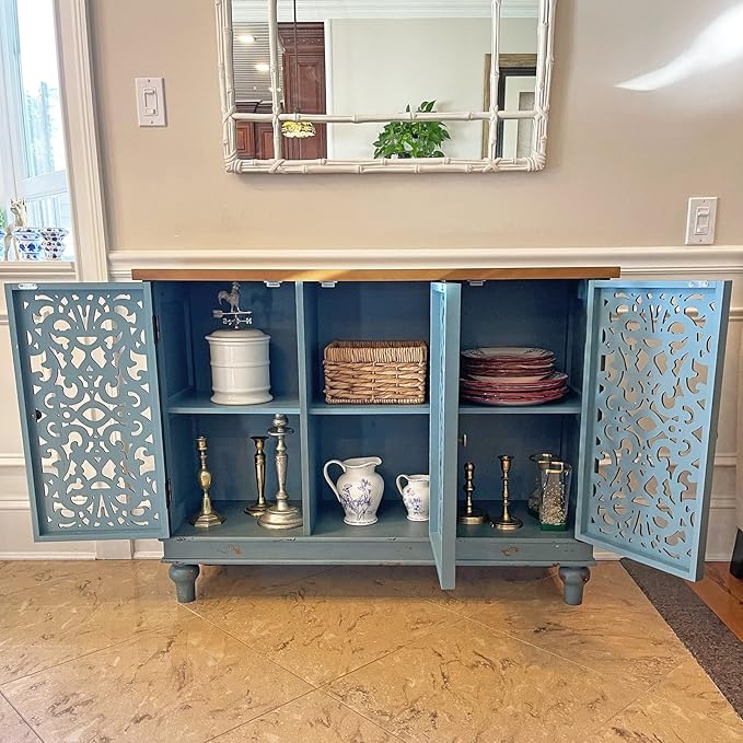 PHI VILLA Accent Cabinet with Doors - Buffet Sideboard Distressed Cupboard for Living Room/Dining Room/Hallway, Blue Storage Cabinet