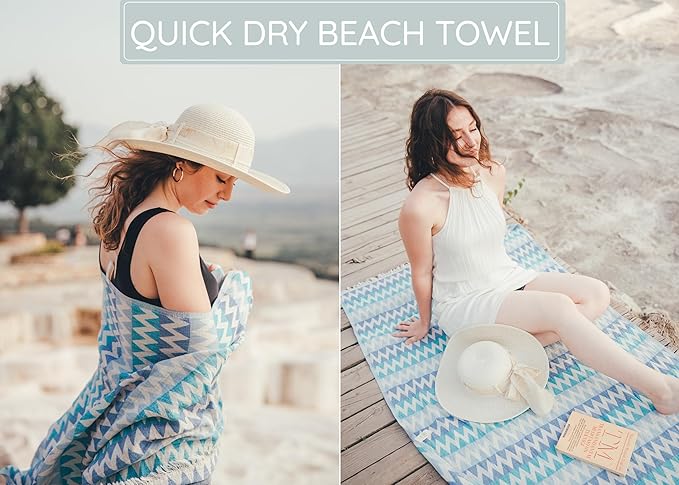 Premium Turkish Beach Towel – 100% Cotton, Quick Dry, Sand Free, Oversized Beach Towel 35”x 67” – Ideal for Travel, Pool, and Beach, – Zig Zag Blue