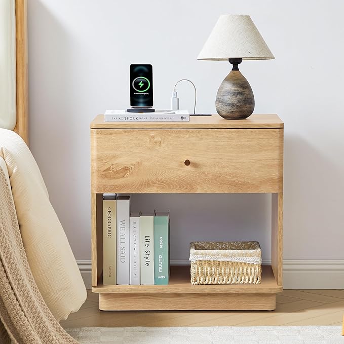 Narrow Nightstand Set of 2, Wooden Small 2 Drawer Nightstand, Slim Side End Table, Skinny Bedside Table, Mid Century Modern Night Stand with Drawers, for Living Room (Natural-Charging Station-1 pc)