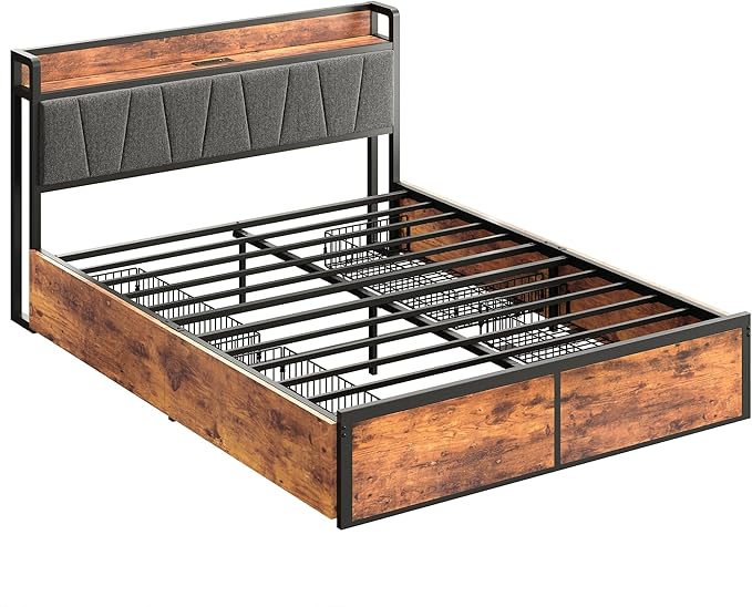LIKIMIO Queen Bed Frame with 4 Storage Drawers, Platform Bed with Charged Headboard, Sturdy and Stable, No Noise, No Box Spring Needed, Easy to Install, Vintage Brown and Gray