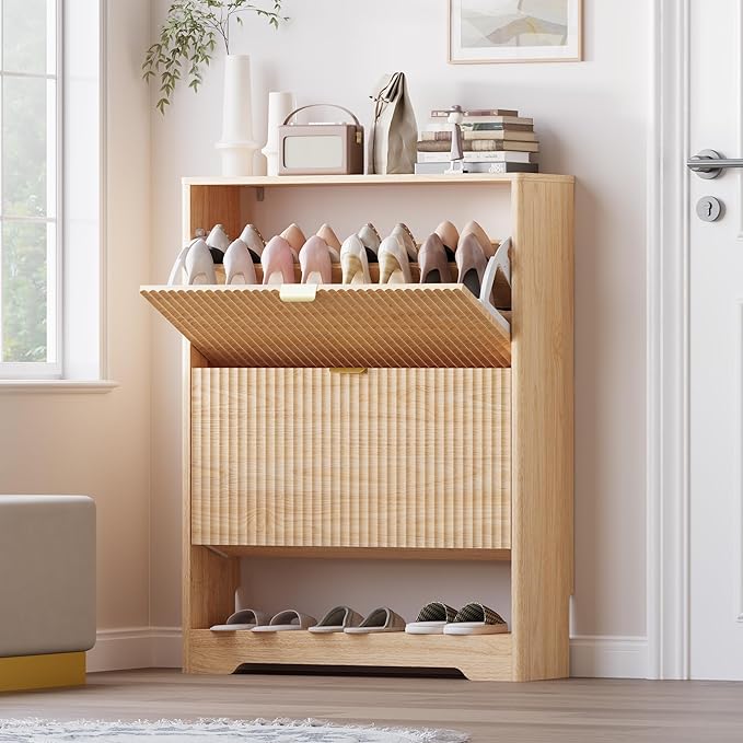 Shoe Cabinet with 2 Flip Drawers, Fluted Shoe Storage Cabinet with Adjustable Shelves, Freestanding Rack and Organizer for Entryway, Hallway