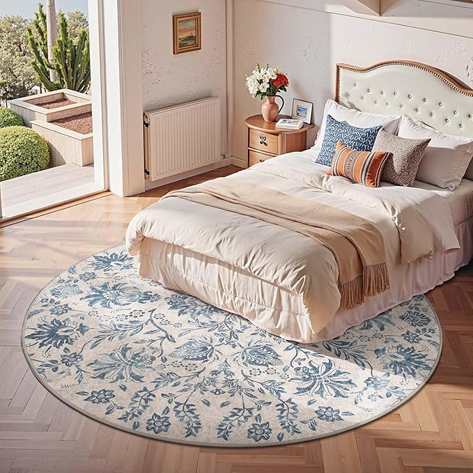 jinchan Torino Classic Floral Round Rug 7ft, Vintage-Inspired Design 7’Circle Rug, Machine Washable Ultra-Thin Low-Pile Non-Slip Indoor Carpet for Bedroom Dining Room Living Room, Dark Blue