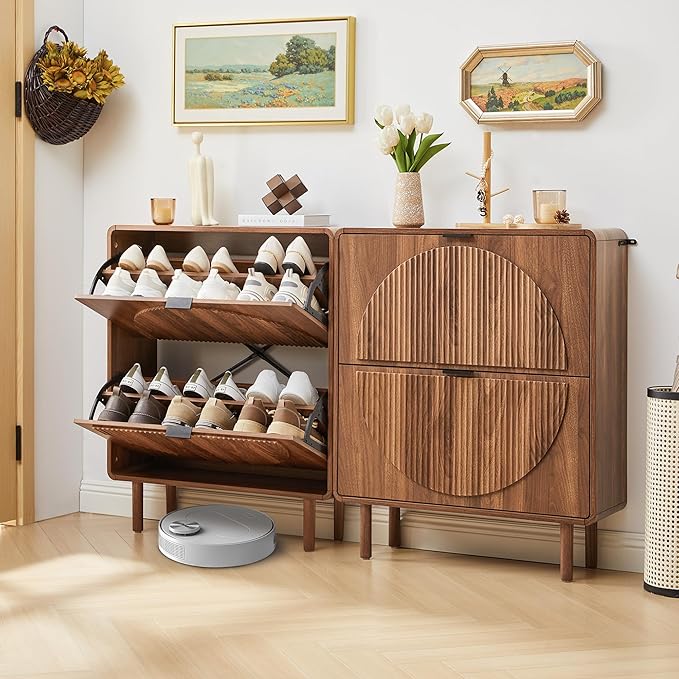 Turtle&Myrtle Modern Shoe Storage Cabinet for Entryway, Narrow Shoe Organizer Cabinet, 2-Tier Flip Down Drawers, Small Freestanding Hidden Wood Slim Shoe Rack,Round Fluted Pattern (Walnut)