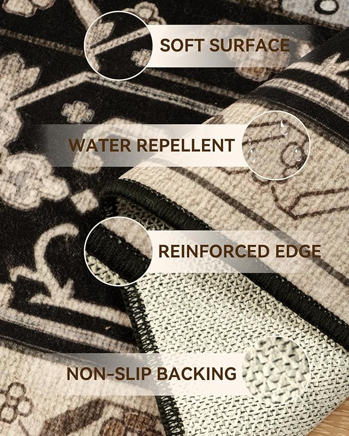 Area Rugs 2'x8' Washable Non-Slip, Floral Vintage Distress Print Pattern Medallion Carpet for Living Room Bedroom Dining Room, Black Brown Neutral Dark Tan