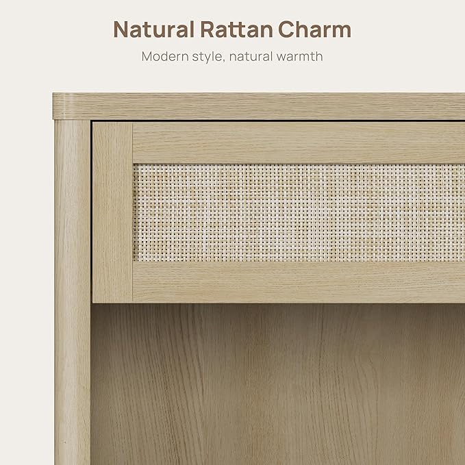 SICOTAS Night Stand Set of 2 26" Wide Large Nightstands with Drawer & Shelf Storage Rattan Bedside Table Boho End Table Tall Bed Side Tables Night Stands for Bedroom Living Room Sofa Office, Sand Oak