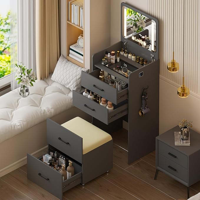 HNEBC 3 in 1 Vanity Desk with Plip Top LED Mirror,Small Dressing Table Set with Visible Glass Desktop,Compact Vanity with 3 Drawers,Storage Compartment and Padded Stool,for Bedroom(Grey)