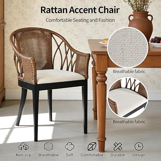 DUHOME Wood Rattan Arm Accent Chair Natural Wash/White Cushion Side Armchair Gianni Brown & Black Solid Living Room Chair for Dining Room Bedroom Office Foyer Arm Chair
