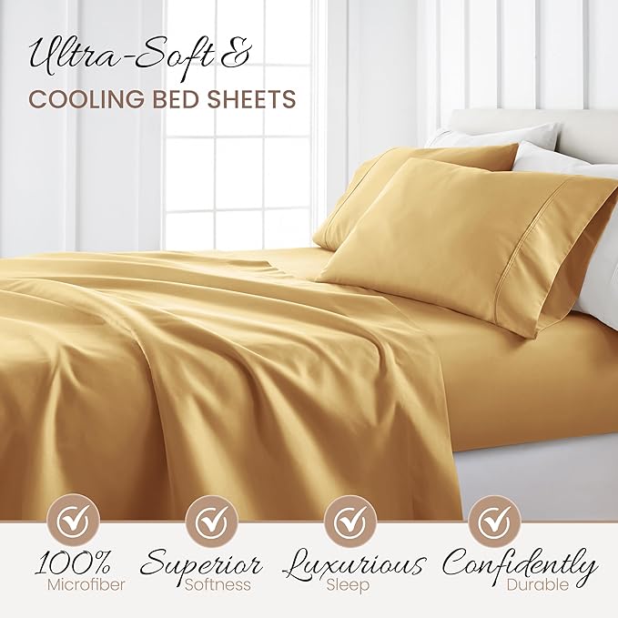 Linen Market Brushed Microfiber Twin Sheet Set 3 Piece – Oeko-TEX Certified Ultra Soft & Wrinkle-Free - 16" Deep Pocket Sheets - Easy Care Twin Size - Gold