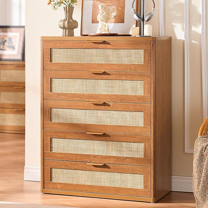 LEYAOYAO Rattan Dresser and Nightstand Set of 3, Boho Wood Dresser for Bedroom with 6 Drawers and Night Stand with Charging Station, Bedroom Furniture, Dressers & Chests of Drawers,Hallway,Living Room