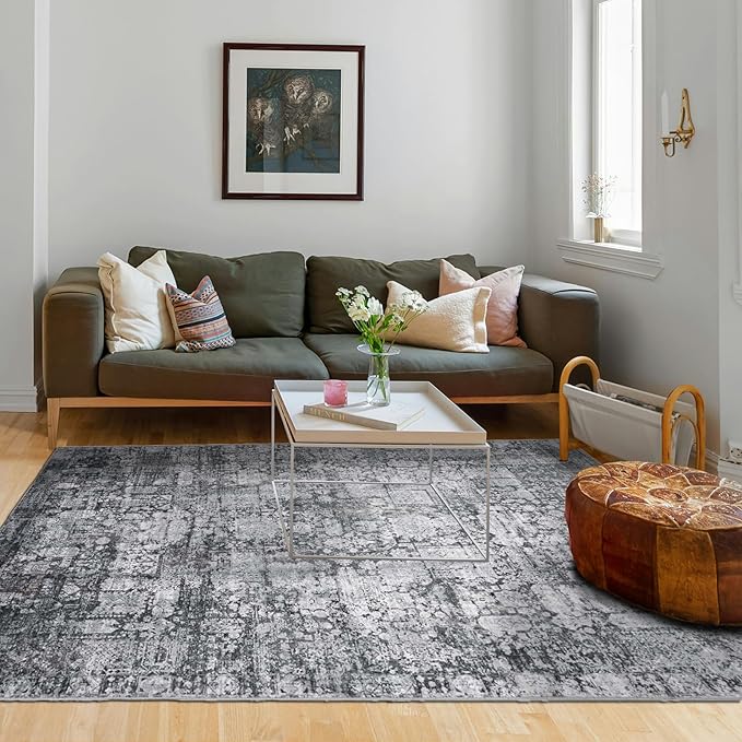 Area Rug 8×10, Large Vintage Boho Rug,Ultra-Soft Low Pile, Washable, Non Slip,Stain Resistant, Printed Carpet for Living Room Bedrooms Playroom Office Kitchen, Dark Stone