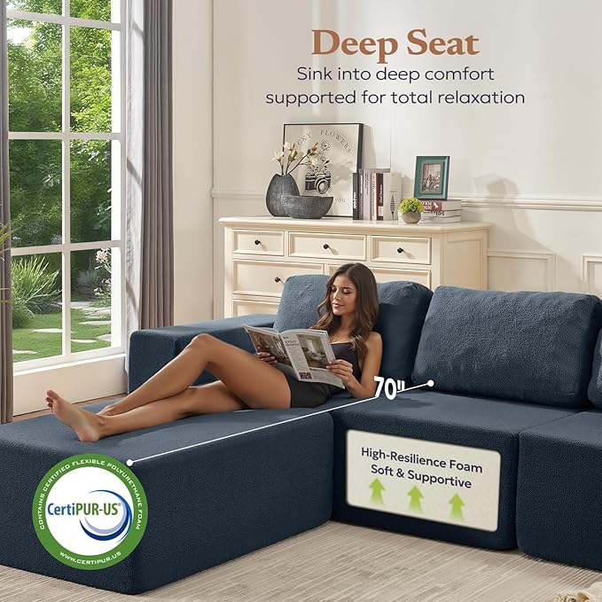 Loveseat Sofa, Cloud Modular Sofa Couch, Upholstered Floor Sofa with Deep Seat, Upholstered Foam Couch for Bedroom Living Room, No Assembly Required (Teddy Boucle, Blue)