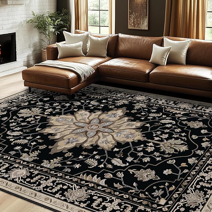 Area Rugs 7'x9' Washable Non-Slip, Floral Vintage Distress Print Pattern Medallion Carpet for Living Room Bedroom Dining Room, Black Brown Neutral Dark Tan