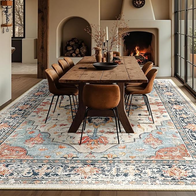 Area Rugs 10'x14' Washable Non-Slip, Floral Vintage Distress Print Pattern Medallion Carpet for Living Room Bedroom Dining Room, Beige Navy Blue Orange Colorful