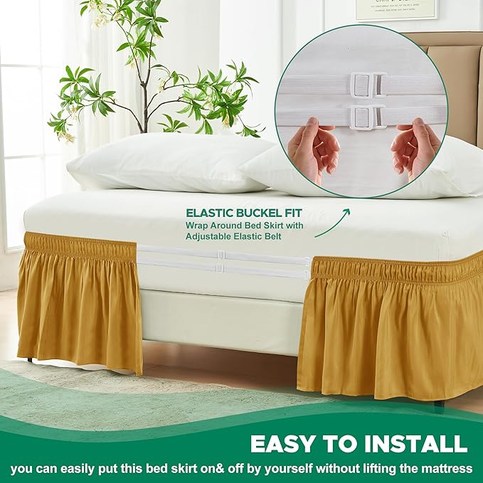 Biscaynebay Wrap Around Bed Skirts for King & Cal King Beds 21" Long Drop, Gold Adjustable Elastic Dust Ruffles Easy Fit Wrinkle Resistant Silky Luxurious Fabric Machine Washable