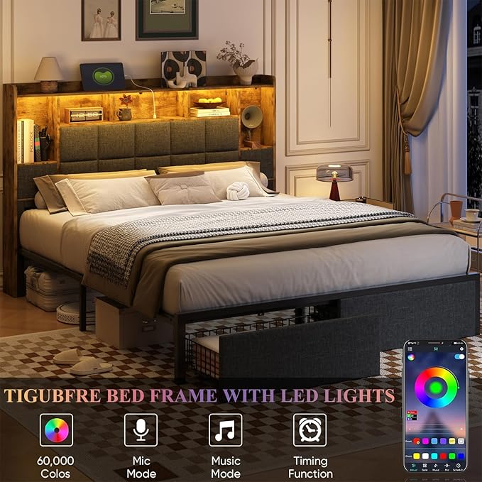 LED Bed Frame Full Size with Bookshelf Headboard, 2 Hidden Storage Drawers, Upholstered Platform Metal Bed Frame with Charging Station, Metal Slats Support, Noise Free, No Box Spring Needed