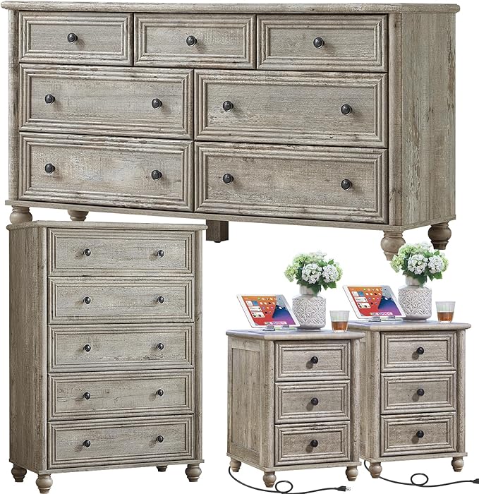 Farmhouse Dressers & Night Stand Set of 4, Wood 54" Wide Dresser & 45" Tall Chest of Drawers, 18" with Charging Station Nightstand Set of 2, Bedroom Furniture Dresser Set for Home Living Room Hallway