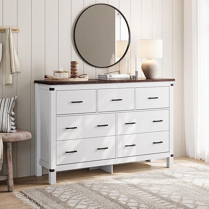 LINSY HOME Farmhouse Dresser for Bedroom with 7 Drawers, 53” Wide Rustic Wood Chest with Deep Drawer, Modern Dressers with Storage and Metal Handles for Closet, Living Room, Hallway, Off White