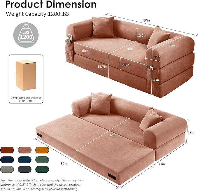 80" Convertible Sofa Bed, Corduroy Deep Seat Folding Pull Out Couch with Pillows, No Assembly Modern Boneless Couch Compression Sofa in Box, Floor Sofa with Storage Pocket for Living Room,Pink