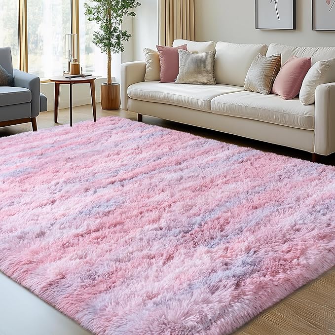 Fluffy Rugs for Bedroom Living Room, 4x6 Feet Abstract Pink Shag Area Rugs, Non-Slip Indoor Modern Fuzzy Plush Floor Carpet for Dorm Nursery Kids Room Decor, Soft Shaggy Throw Rug