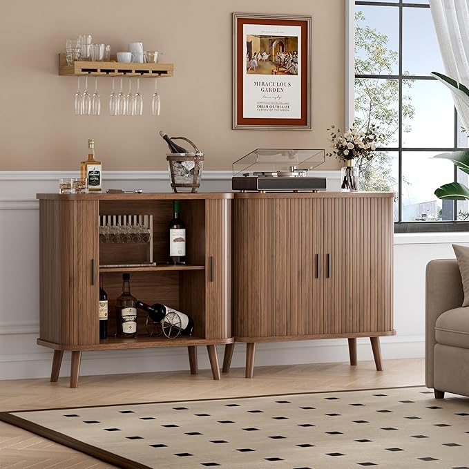 Buffet Cabinet with Storage, Curved-Edge Fluted Storage Cabinet Sideboard, Modern Walnut Sideboard Buffet with Adjustable Shelves & Sliding Door for Dining Room, Kitchen, Entryway