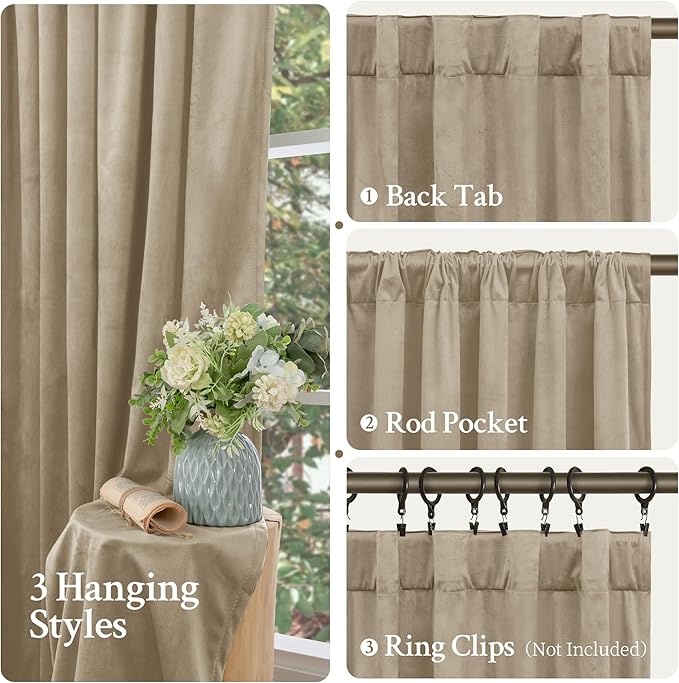 LAMIT Taupe Velvet Curtains 108 Inch for Living Room, Thick Thermal Insulated Room Darkening Drapes Super Soft Elegant Back Tab and Rod Pocket Panels for Sliding Glass Door, 2 Panels, 52 x 108 Inch