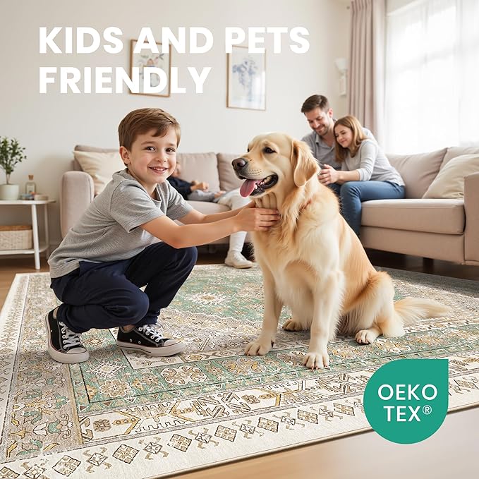 zesthome 5x7 Area Rugs - Ultra-Thin Washble Rug, Stain Resistant Anti Slip Backing Rugs for Living Room,Bedroom, Vintage Home Decor Area Rug (Green/Brown,5'x7')
