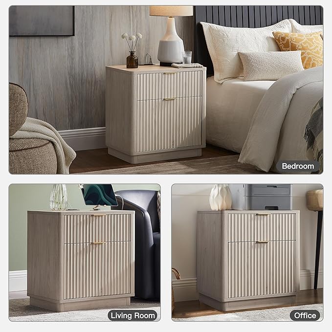 T4TREAM 23'' Fluted Nightstand with Charging Station, Large 2 Drawer Side Table, Modern End Table with Storage, Mid Century Bedside Table for Bedroom, Living Room, Curved Profile, White Alder