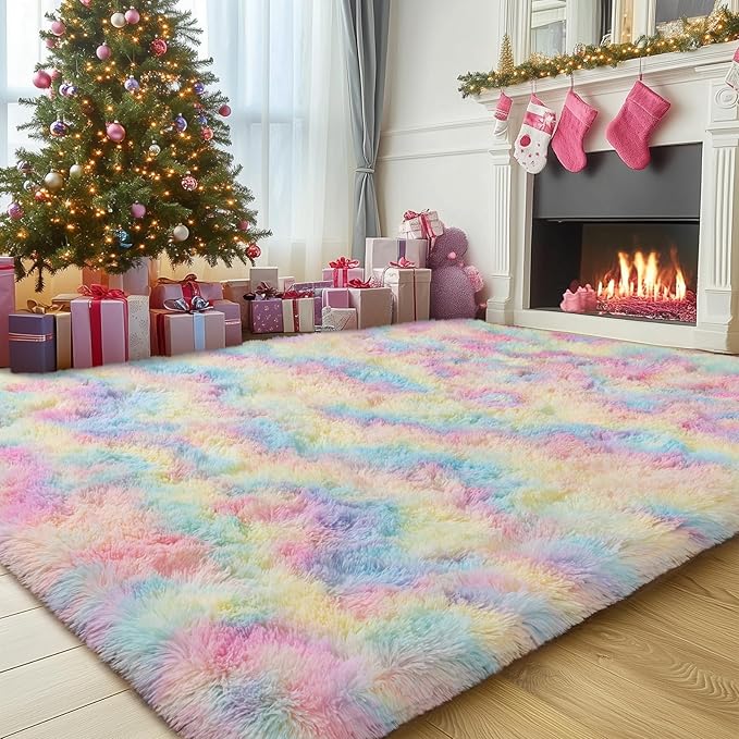 Fluffy Rainbow Rug for Girls Bedroom, 4x6 Cute Colorful Shag Rug for Kids Room, Soft Fuzzy Shaggy Rugs for Living Room Home Decor