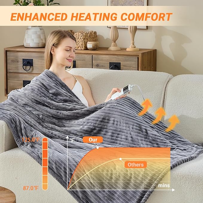 Heated Blanket Electric Full, Soft Flannel Heating Blanket with 8 Hours Auto Off 10 Fast Heating Levels Machine Washable Sherpa Heated Blanket with Overheating Protection